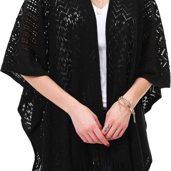 Knit Shawl Wrap for Women - Soul Young Ladies Fringe Knitted Poncho Cardigan Cap - Picture 4 of 7